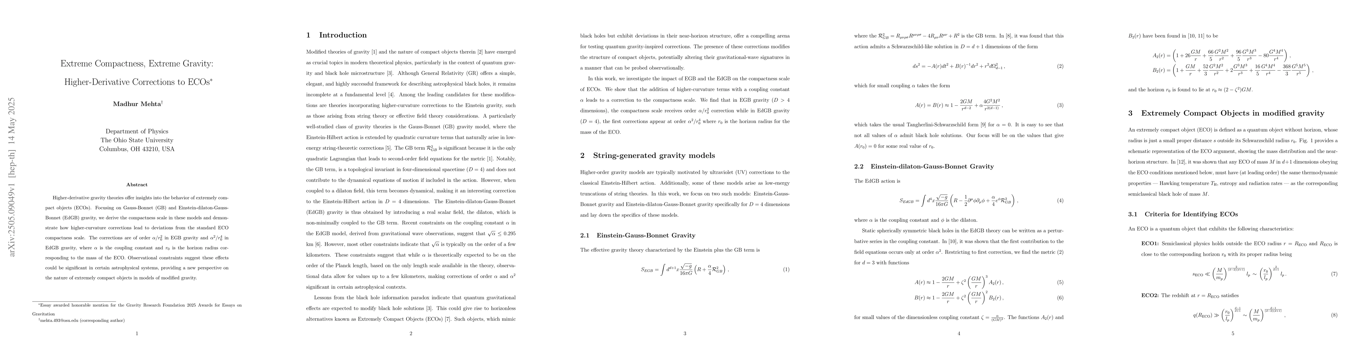 Thumbnail for Extreme Compactness, Extreme Gravity: Higher-Derivative Corrections to
  ECOs