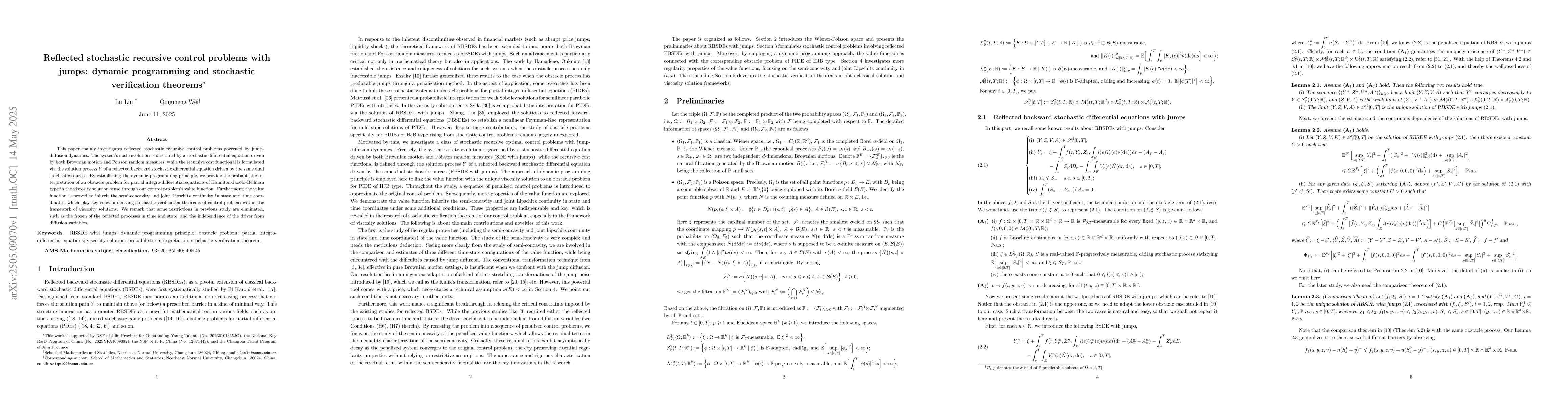 Thumbnail for Reflected stochastic recursive control problems with jumps: dynamic
  programming and stochastic verification theorems