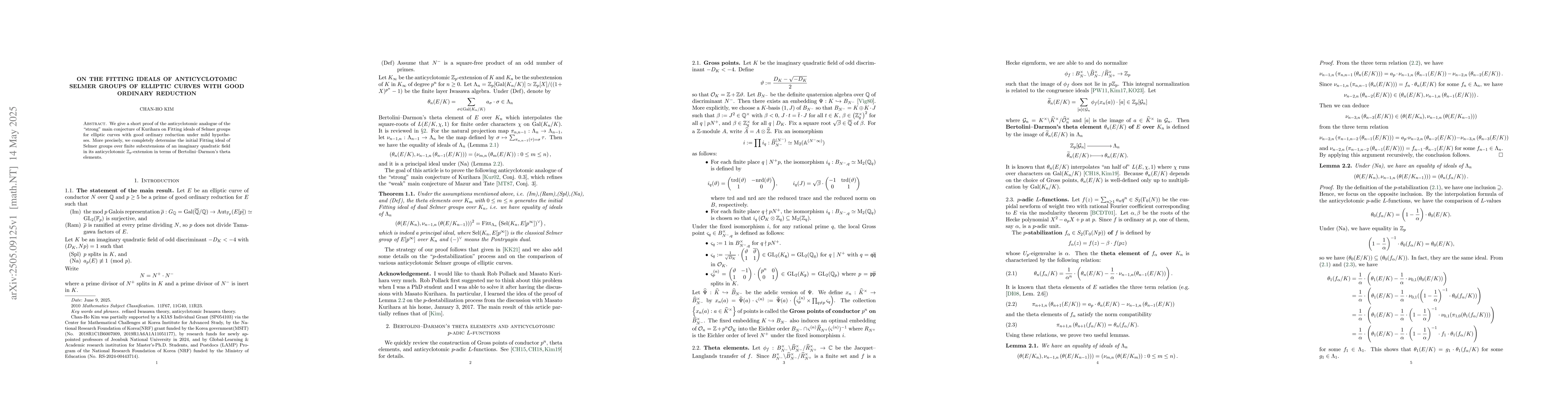 Thumbnail for On the Fitting ideals of anticyclotomic Selmer groups of elliptic curves
  with good ordinary reduction