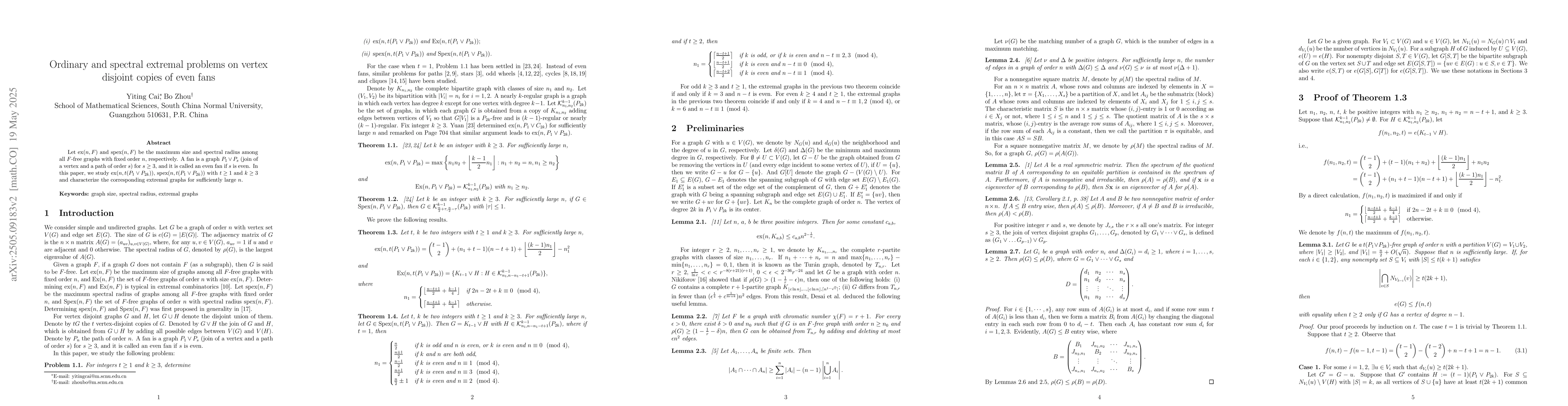 Thumbnail for Ordinary and spectral extremal problems on vertex disjoint copies of
  even fans