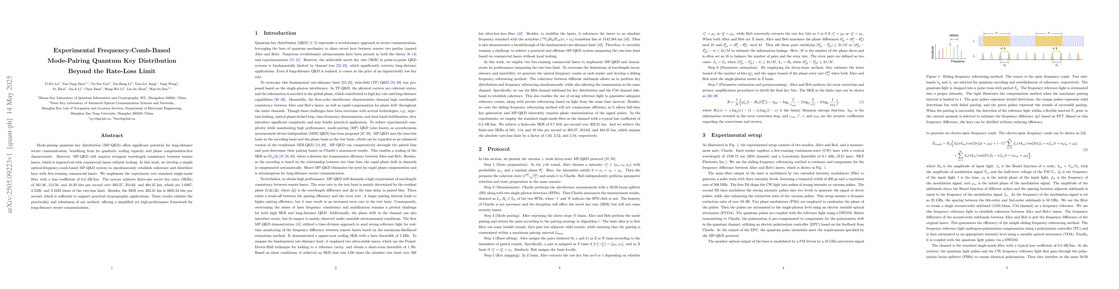 Thumbnail for Experimental Frequency-Comb-Based Mode-Pairing Quantum Key Distribution
  Beyond the Rate-Loss Limit