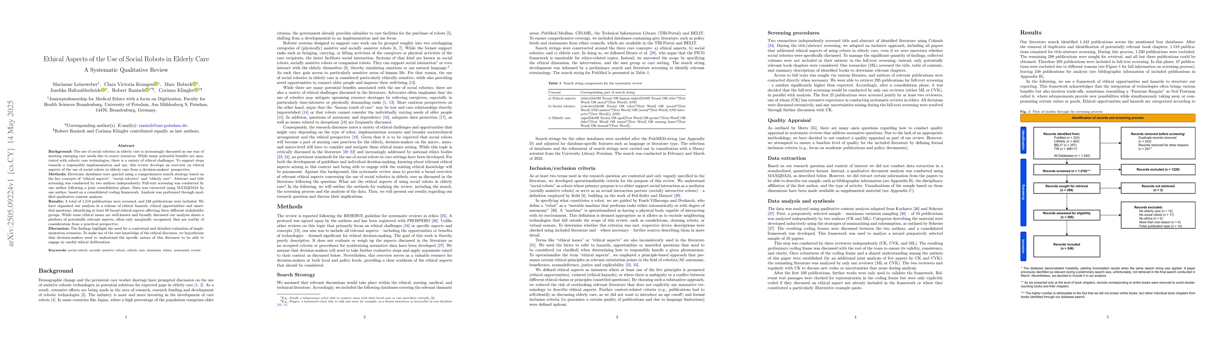 Thumbnail for Ethical Aspects of the Use of Social Robots in Elderly Care -- A
  Systematic Qualitative Review