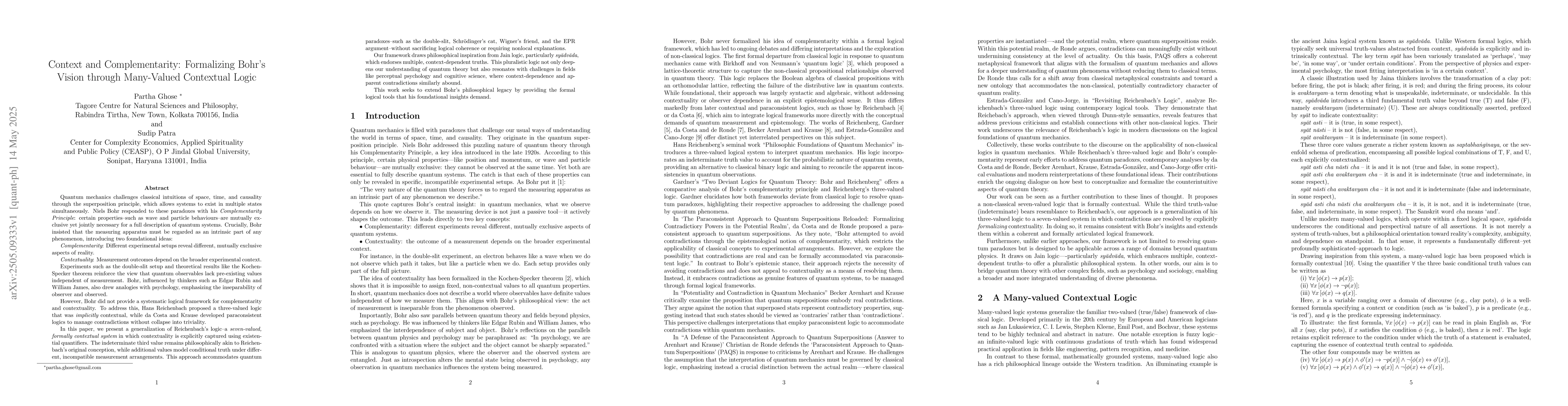 Thumbnail for Context and Complementarity: Formalizing Bohr's Vision through
  Many-Valued Contextual Logic