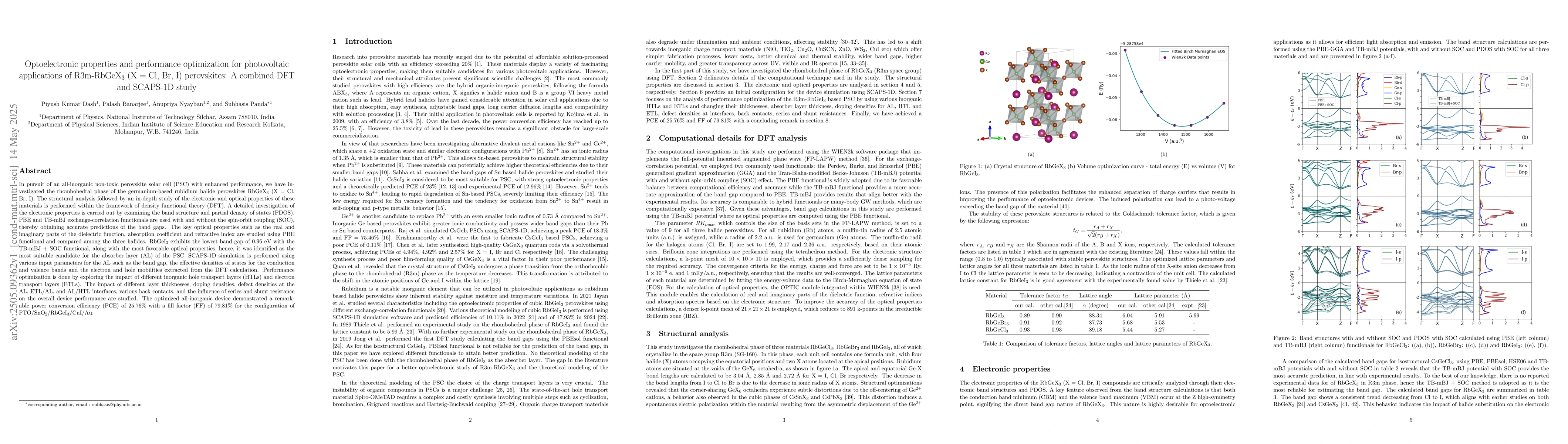 Thumbnail for Optoelectronic properties and performance optimization for photovoltaic
  applications of R3m-RbGeX$_3$ (X = Cl, Br, I) perovskites: A combined DFT and
  SCAPS-1D study