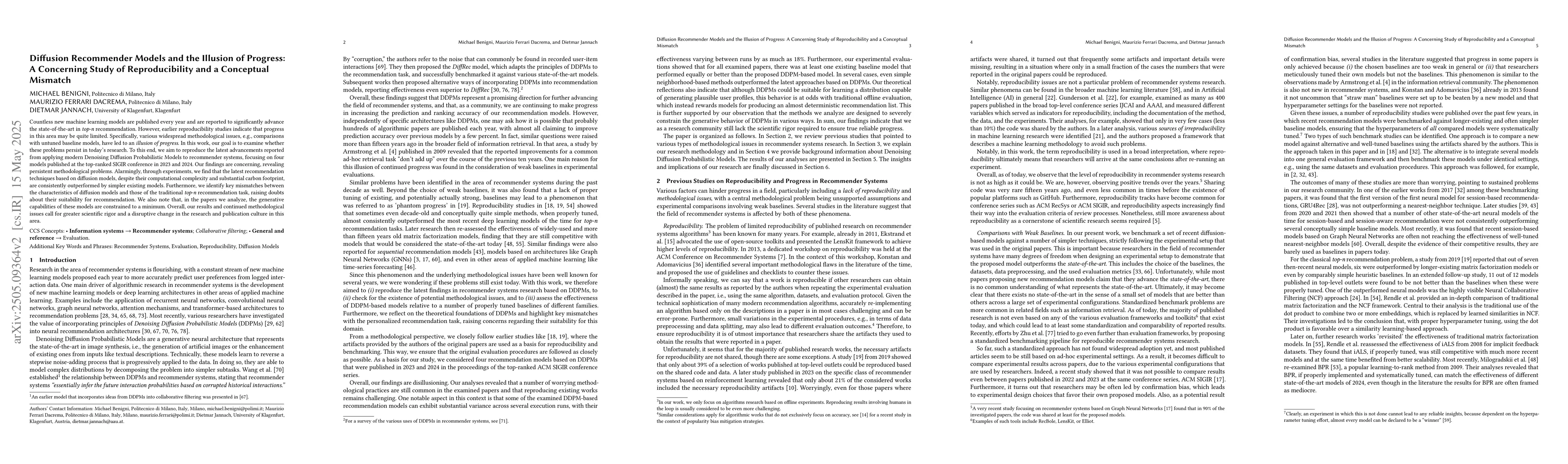 Thumbnail for Diffusion Recommender Models and the Illusion of Progress: A Concerning
  Study of Reproducibility and a Conceptual Mismatch
