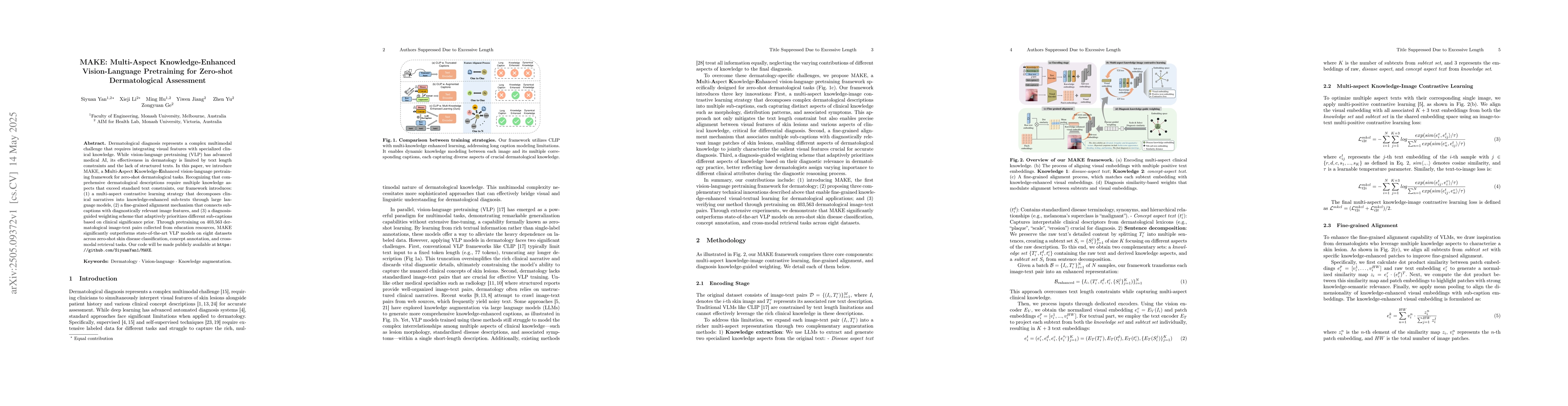Thumbnail for MAKE: Multi-Aspect Knowledge-Enhanced Vision-Language Pretraining for
  Zero-shot Dermatological Assessment