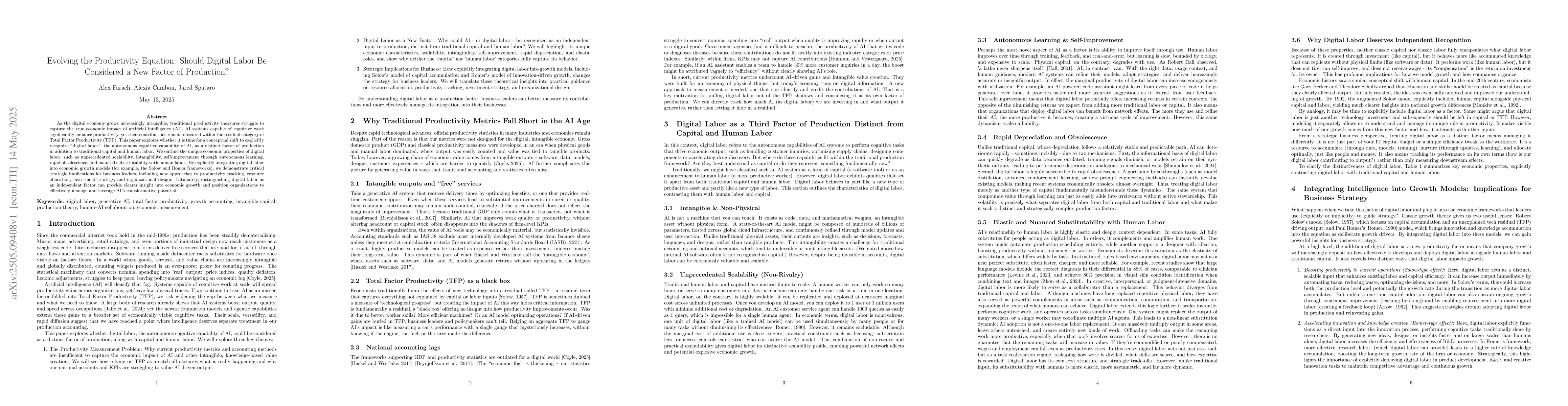 Thumbnail for Evolving the Productivity Equation: Should Digital Labor Be Considered a
  New Factor of Production?