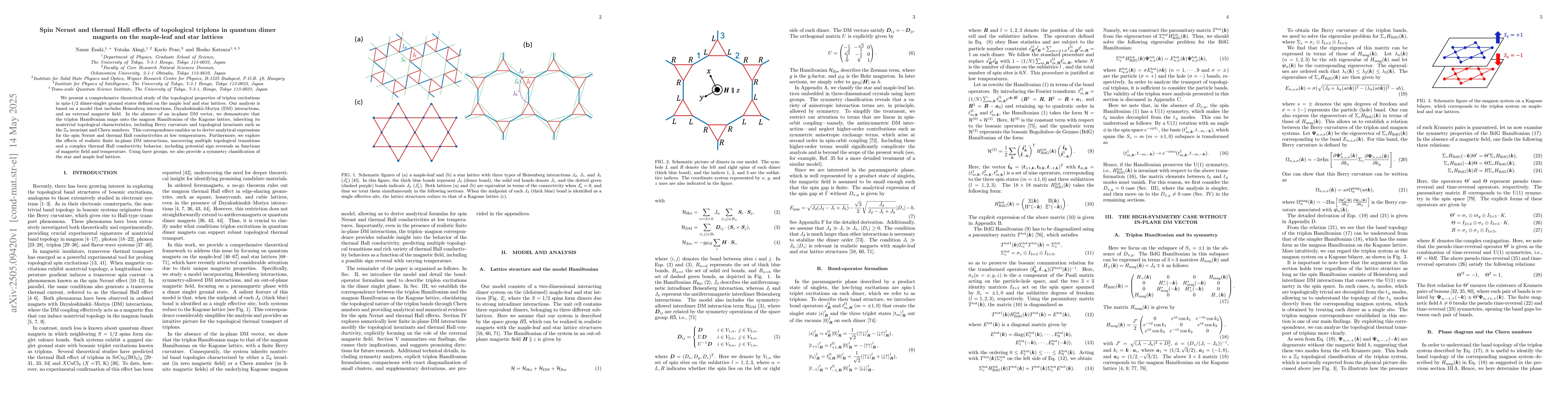 Thumbnail for Spin Nernst and thermal Hall effects of topological triplons in quantum
  dimer magnets on the maple-leaf and star lattices
