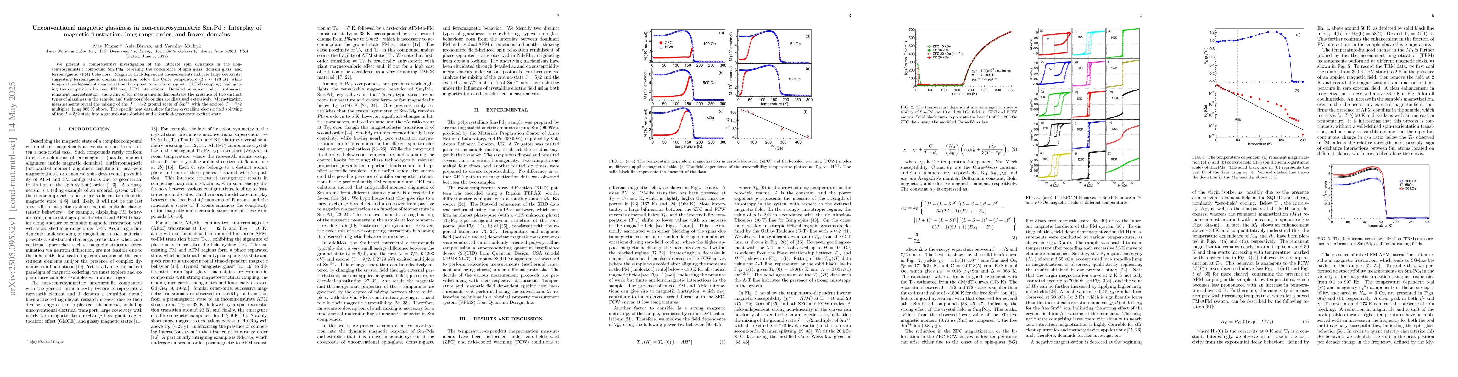 Thumbnail for Unconventional magnetic glassiness in non-centrosymmetric Sm$_7$Pd$_3$:
  Interplay of magnetic frustration, long-range order, and frozen domains