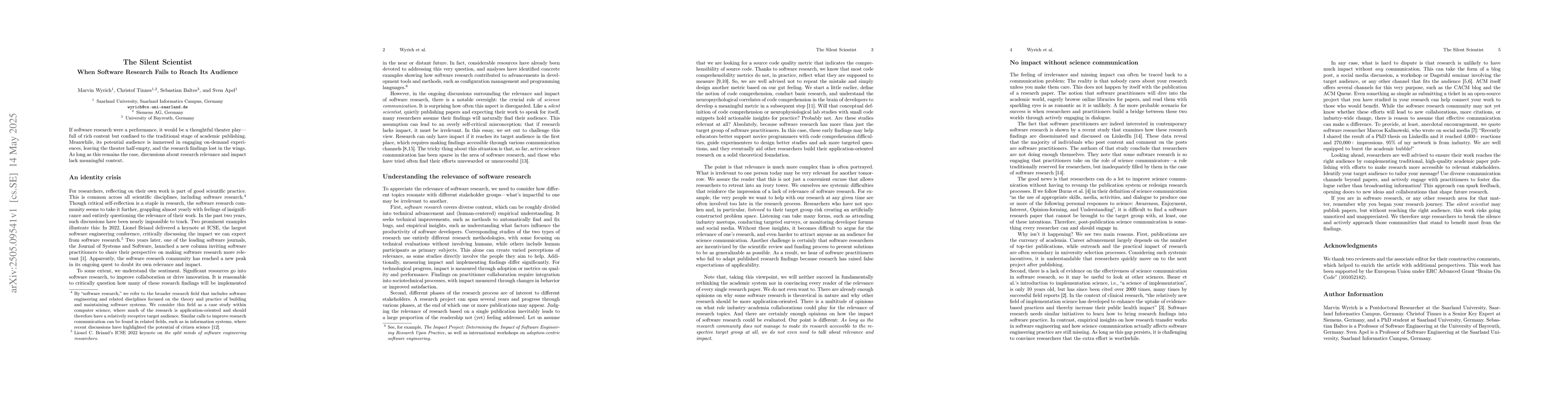 Thumbnail for The Silent Scientist: When Software Research Fails to Reach Its Audience