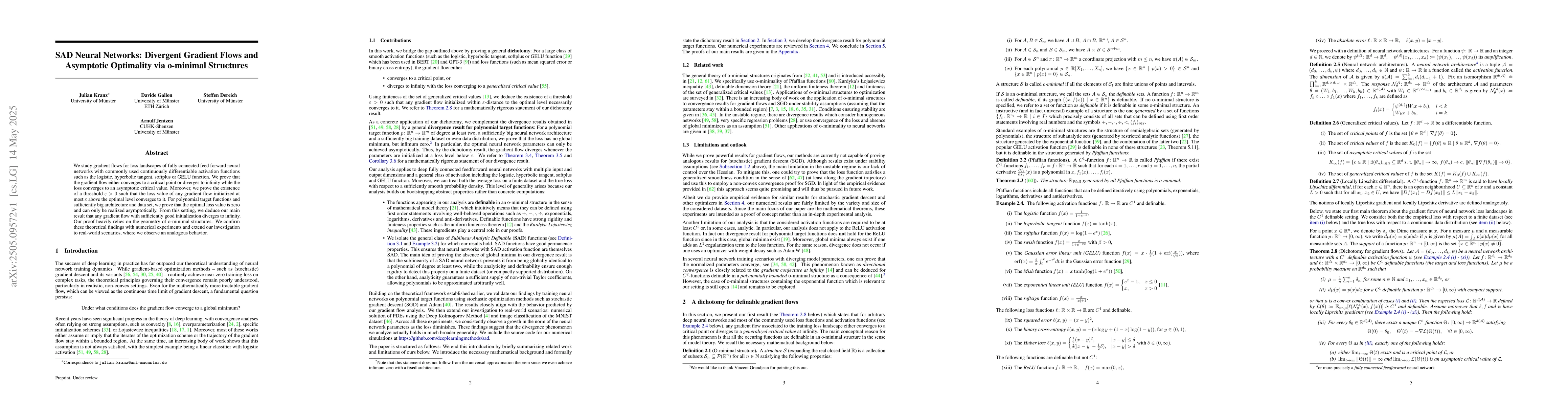 Thumbnail for SAD Neural Networks: Divergent Gradient Flows and Asymptotic Optimality
  via o-minimal Structures