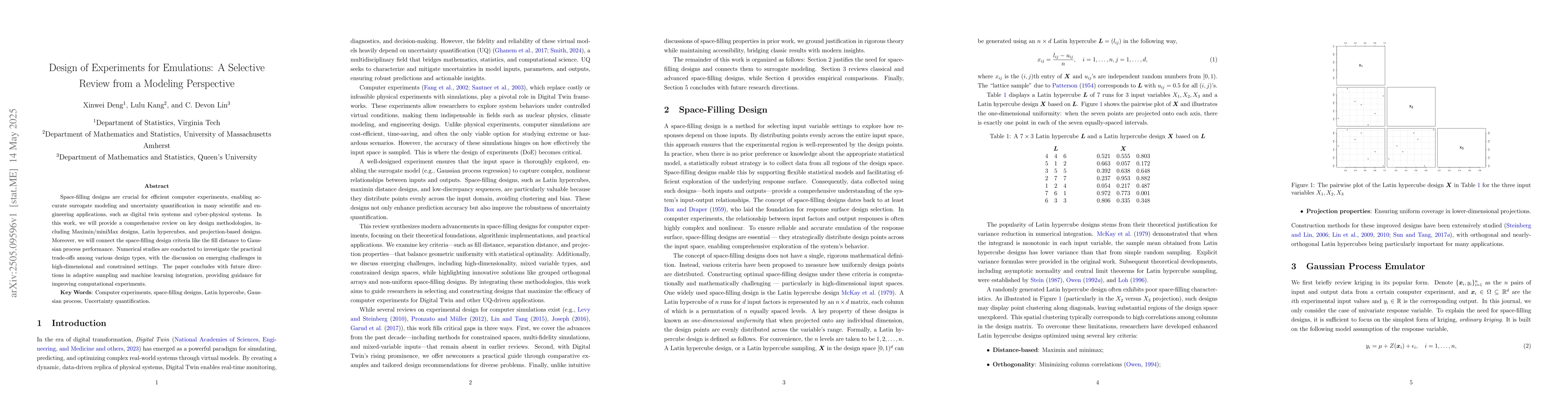 Thumbnail for Design of Experiments for Emulations: A Selective Review from a Modeling
  Perspective
