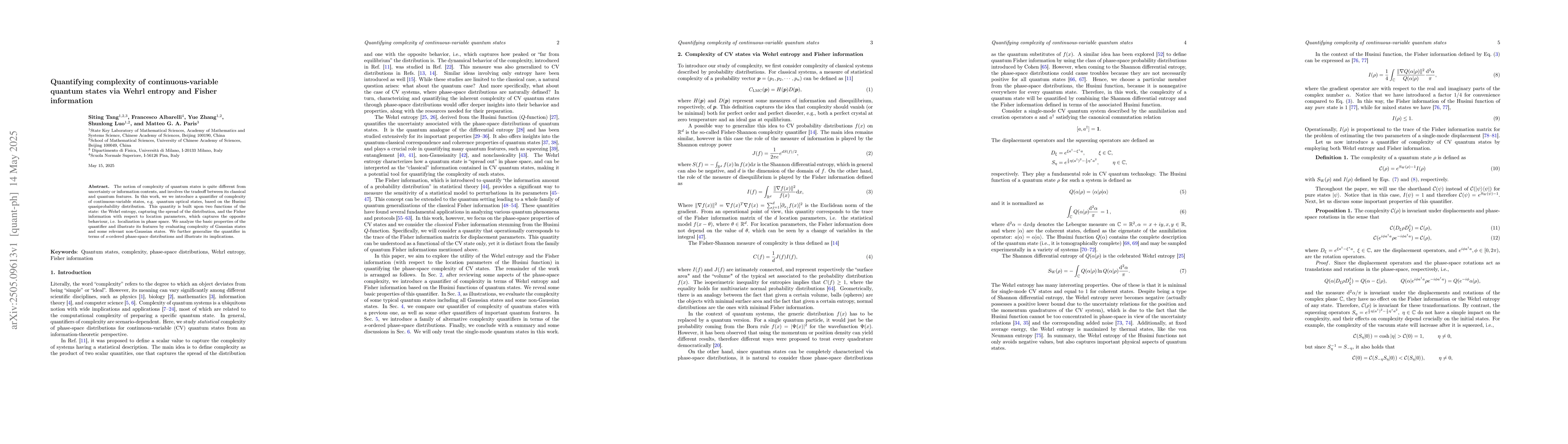 Thumbnail for Quantifying complexity of continuous-variable quantum states via Wehrl
  entropy and Fisher information