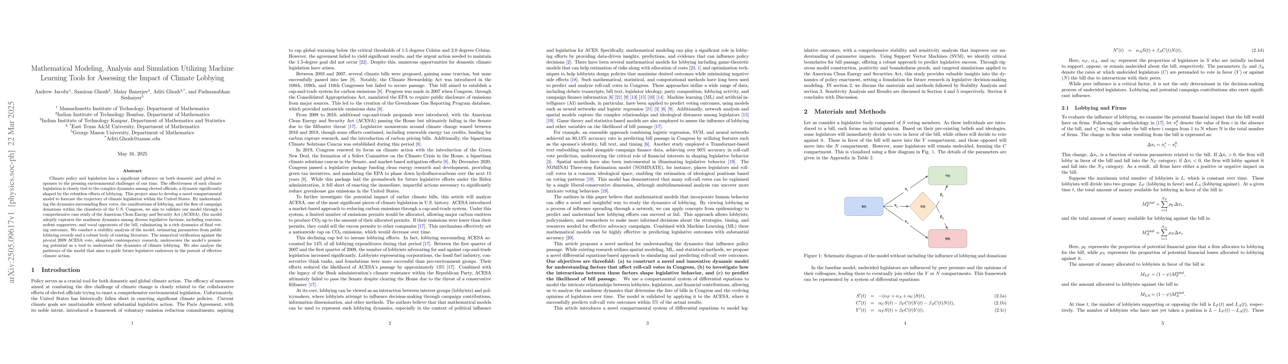 Thumbnail for Mathematical Modeling, Analysis and Simulation Utilizing Machine
  Learning Tools for Assessing the Impact of Climate Lobbying