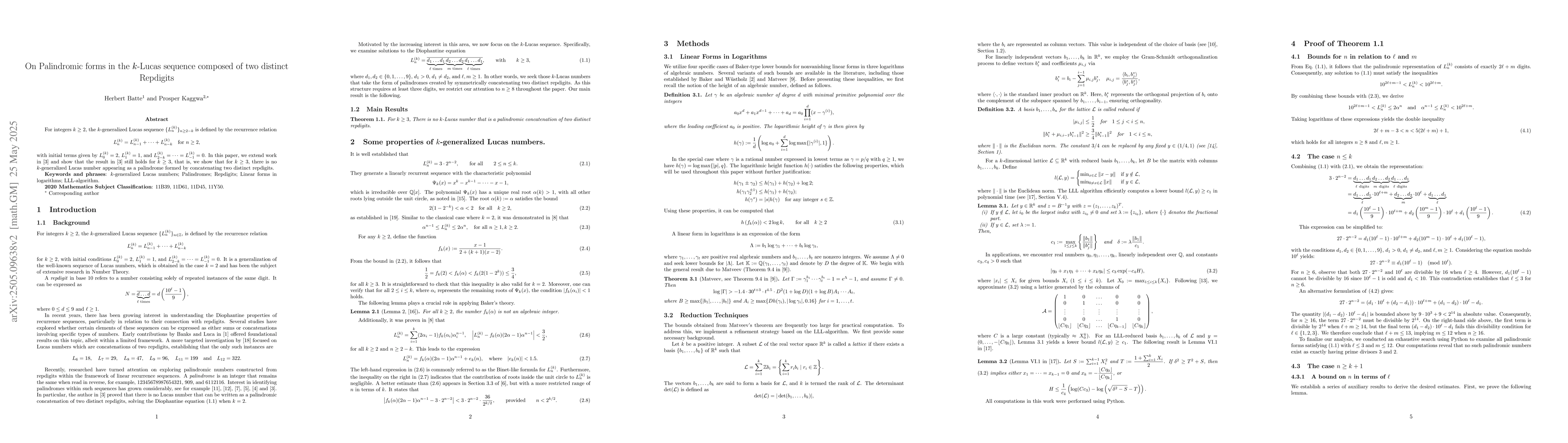 Thumbnail for On Palindromic forms in the $k$-Lucas sequence composed of two distinct
  Repdigits