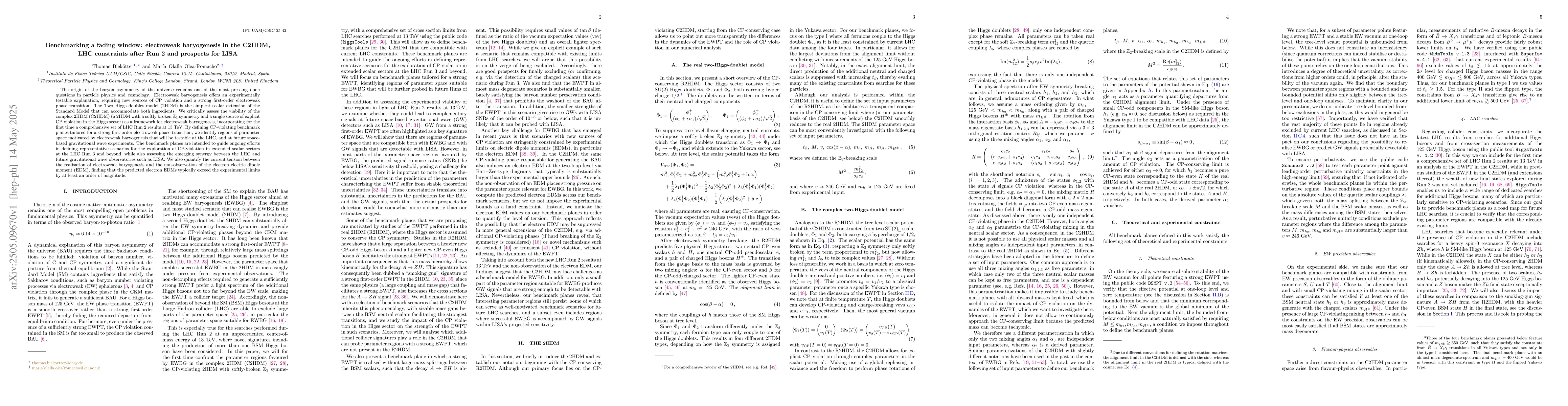 Thumbnail for Benchmarking a fading window: electroweak baryogenesis in the C2HDM, LHC
  constraints after Run 2 and prospects for LISA