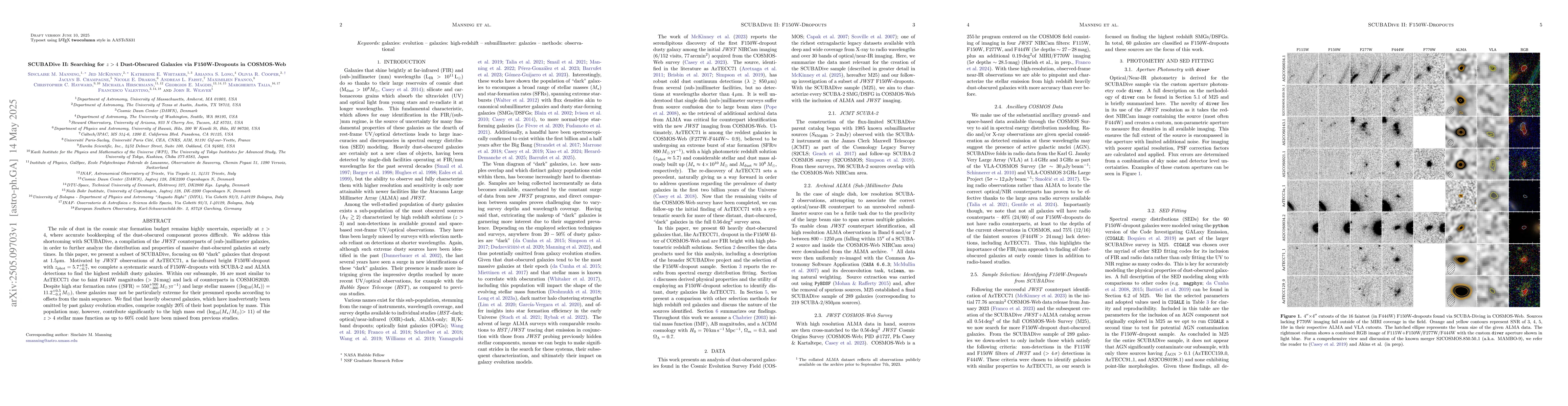 Thumbnail for SCUBADive II: Searching for $z>4$ Dust-Obscured Galaxies via
  F150W-Dropouts in COSMOS-Web