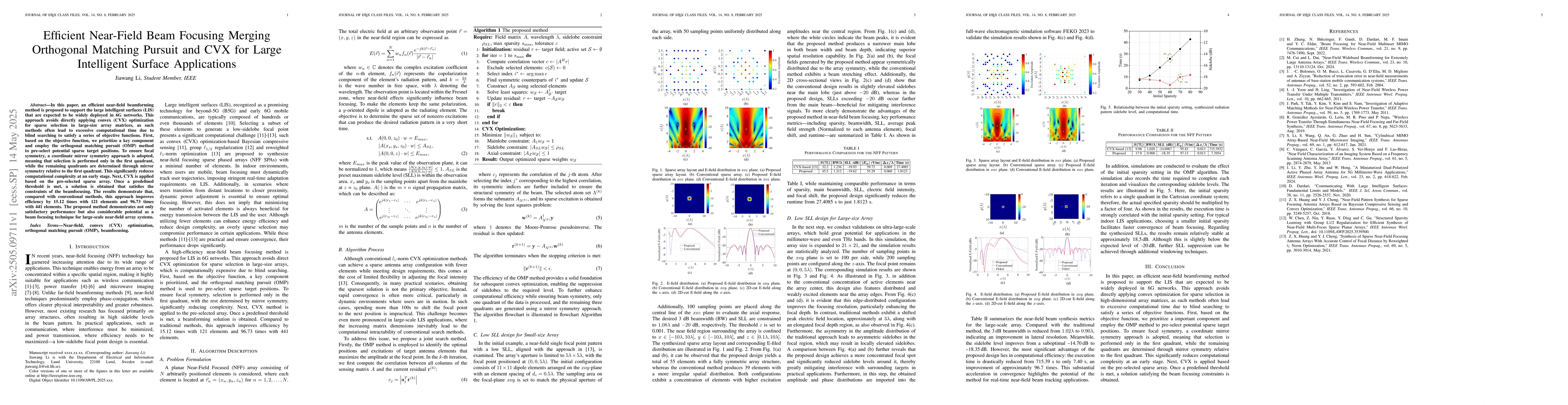 Thumbnail for Efficient Near-Field Beam Focusing Merging Orthogonal Matching Pursuit
  and CVX for Large Intelligent Surface Applications