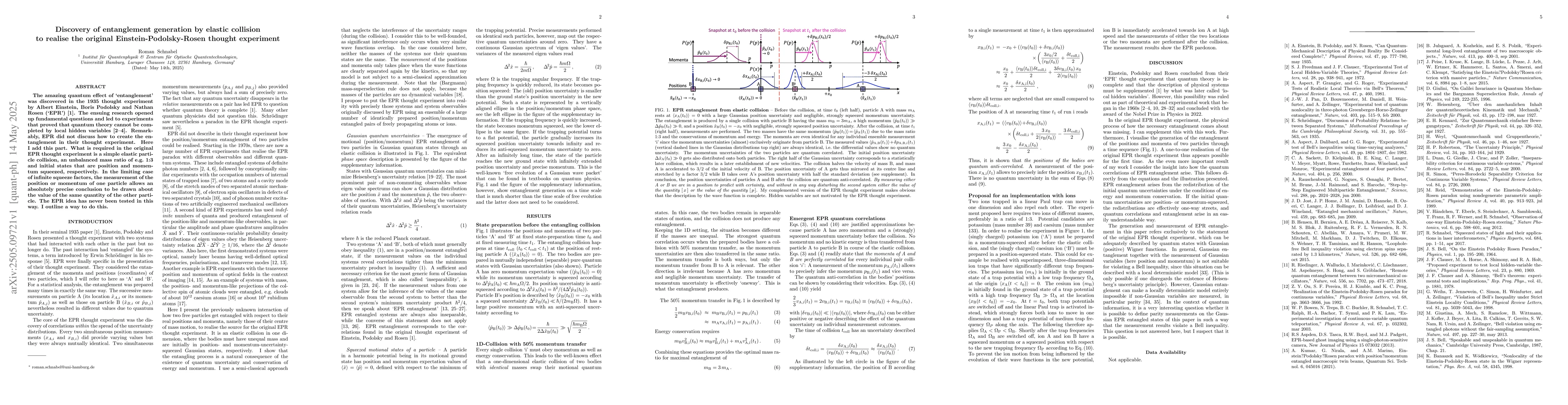 Thumbnail for Discovery of entanglement generation by elastic collision to realise the
  original Einstein-Podolsky-Rosen thought experiment