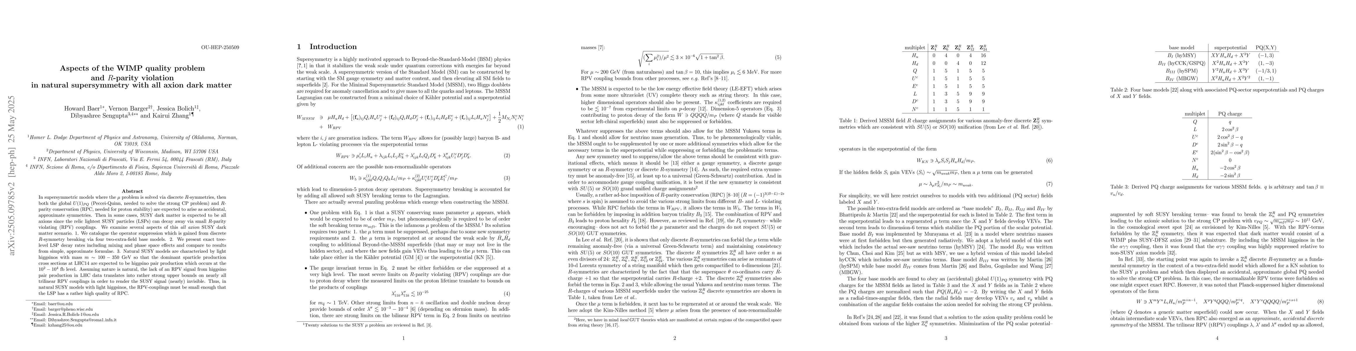 Thumbnail for Aspects of the WIMP quality problem and R-parity violation in natural
  supersymmetry with all axion dark matter