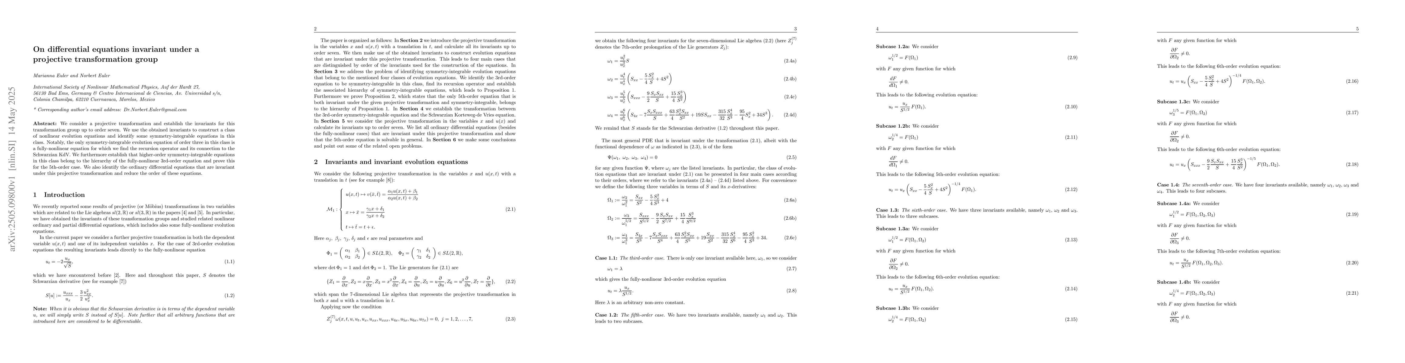 Thumbnail for On differential equations invariant under a projective transformation
  group