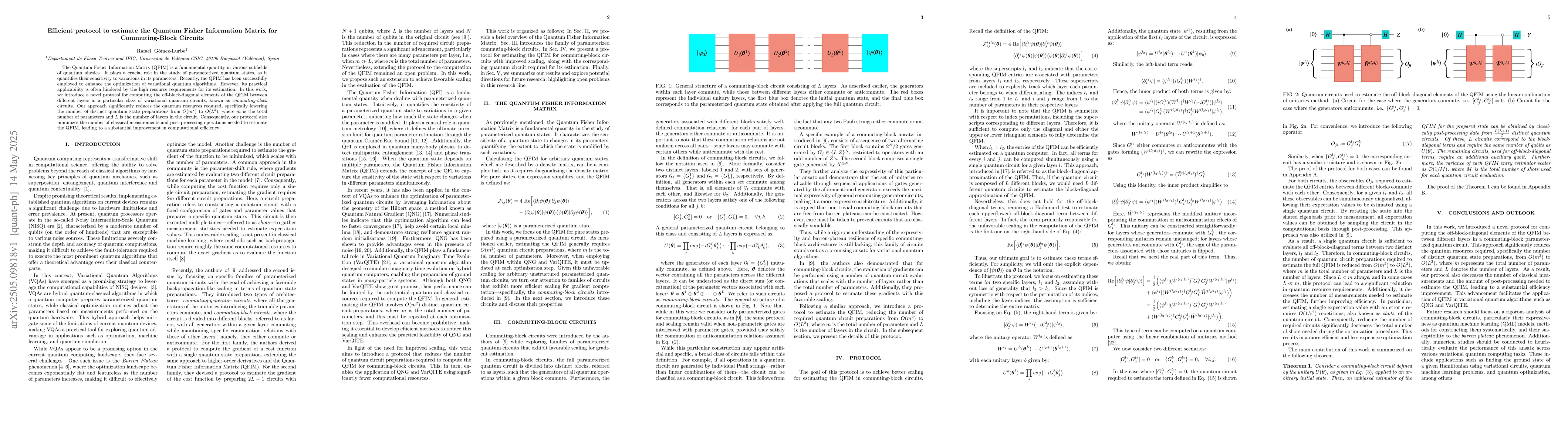 Thumbnail for Efficient protocol to estimate the Quantum Fisher Information Matrix for
  Commuting-Block Circuits
