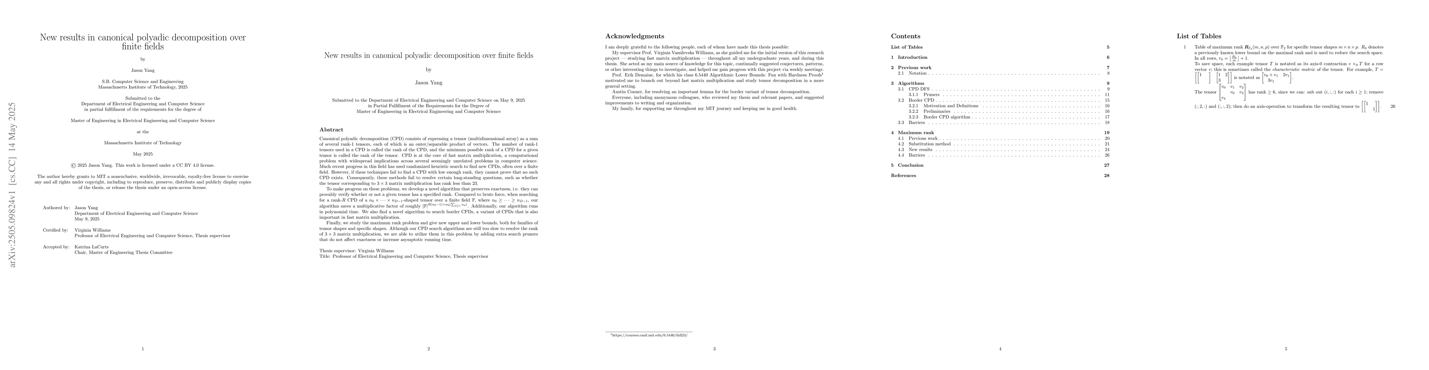 Thumbnail for New results in canonical polyadic decomposition over finite fields