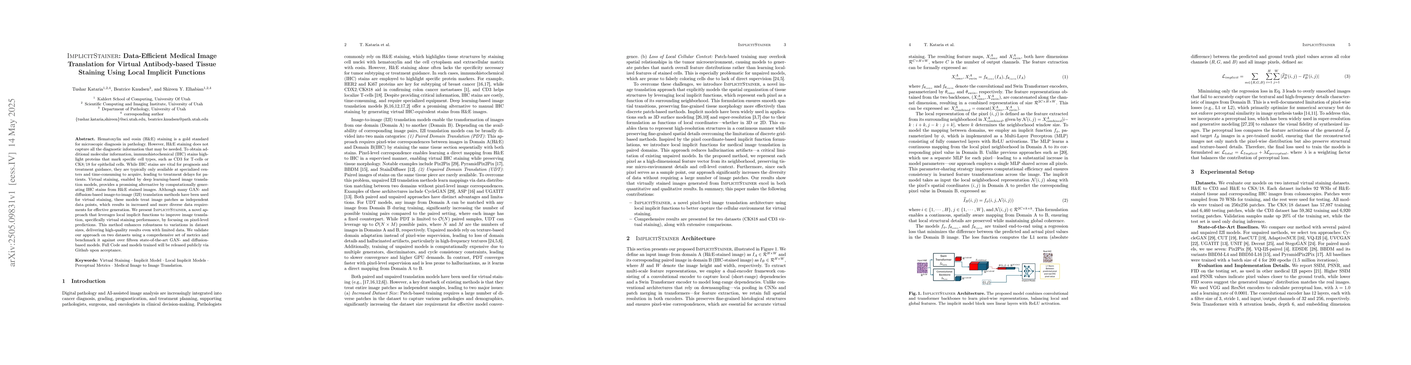 Thumbnail for ImplicitStainer: Data-Efficient Medical Image Translation for Virtual
  Antibody-based Tissue Staining Using Local Implicit Functions