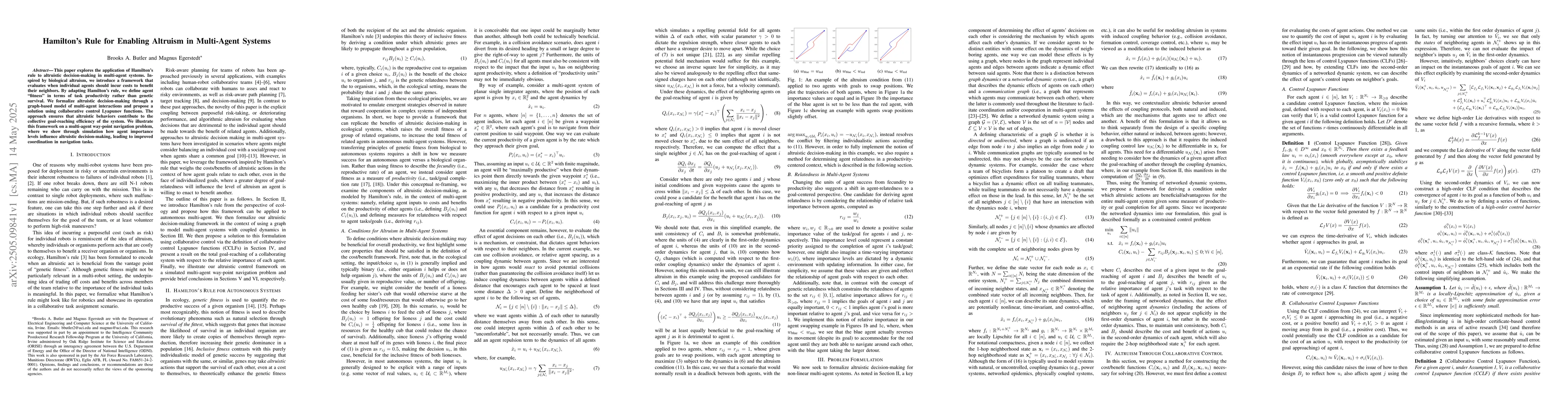 Thumbnail for Hamilton's Rule for Enabling Altruism in Multi-Agent Systems