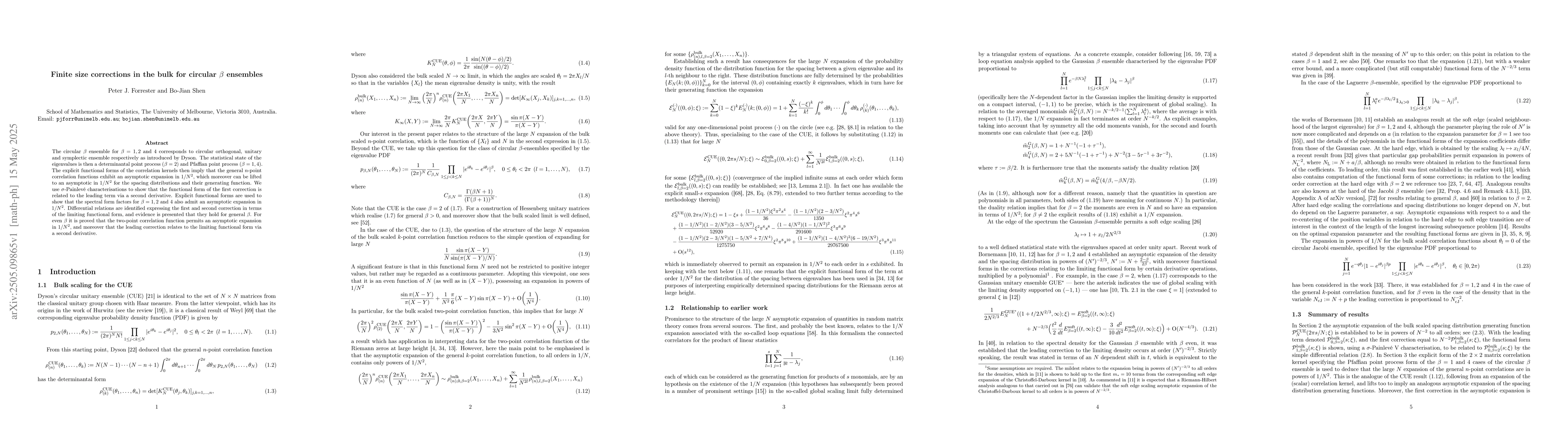 Thumbnail for Finite size corrections in the bulk for circular $β$ ensembles