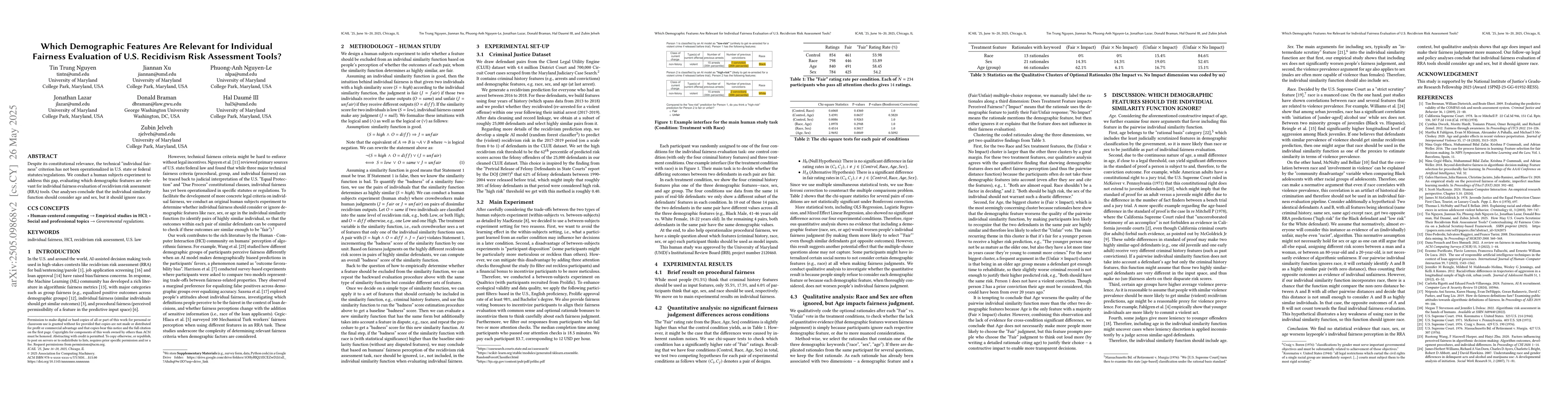 Thumbnail for Which Demographic Features Are Relevant for Individual Fairness
  Evaluation of U.S. Recidivism Risk Assessment Tools?