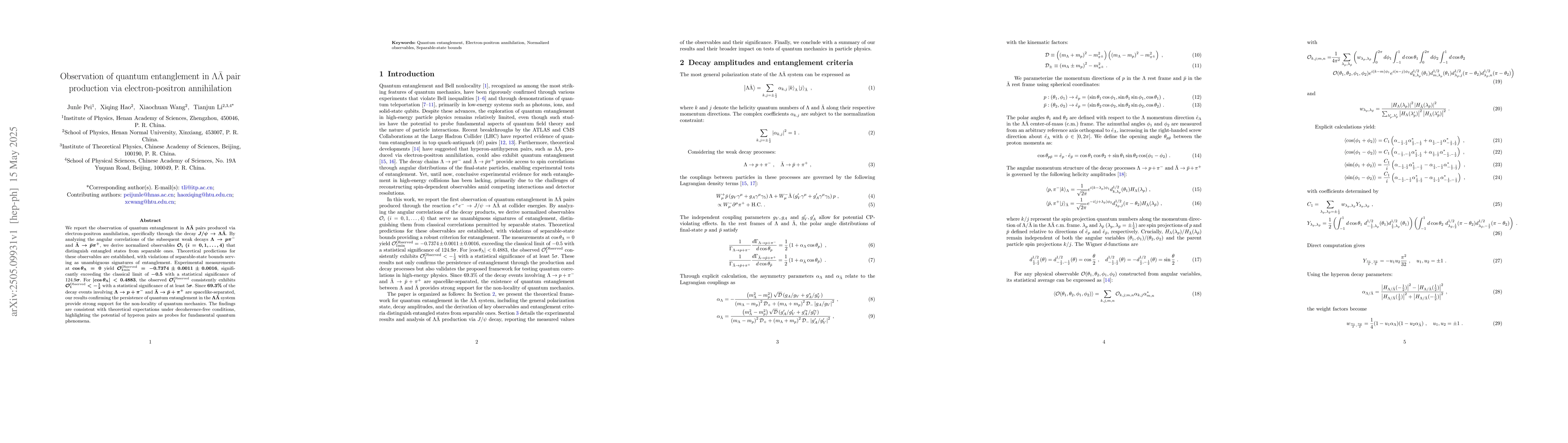Thumbnail for Observation of quantum entanglement in $Λ\barΛ$ pair
  production via electron-positron annihilation