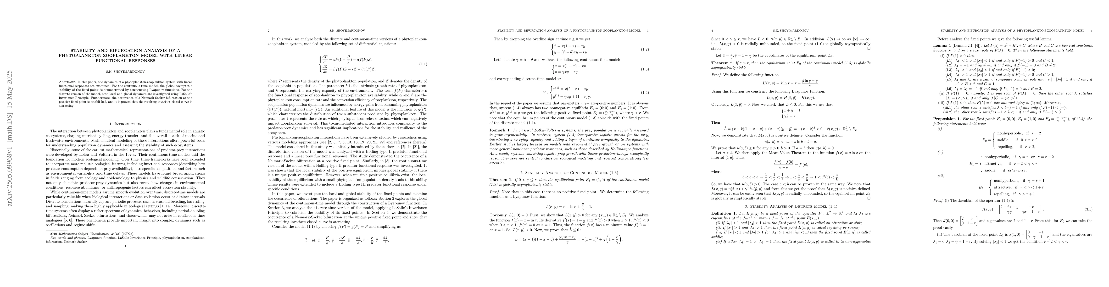 Thumbnail for Stability and Bifurcation Analysis of a Phytoplankton-Zooplankton Model
  with Linear Functional Responses