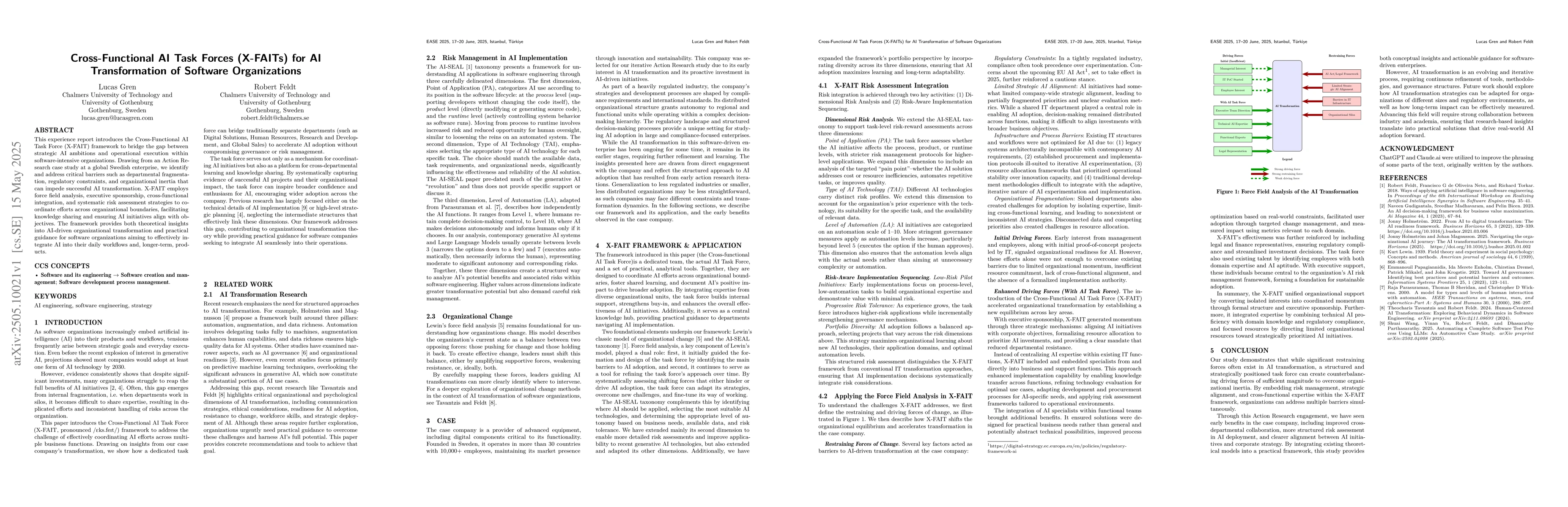 Thumbnail for Cross-Functional AI Task Forces (X-FAITs) for AI Transformation of
  Software Organizations