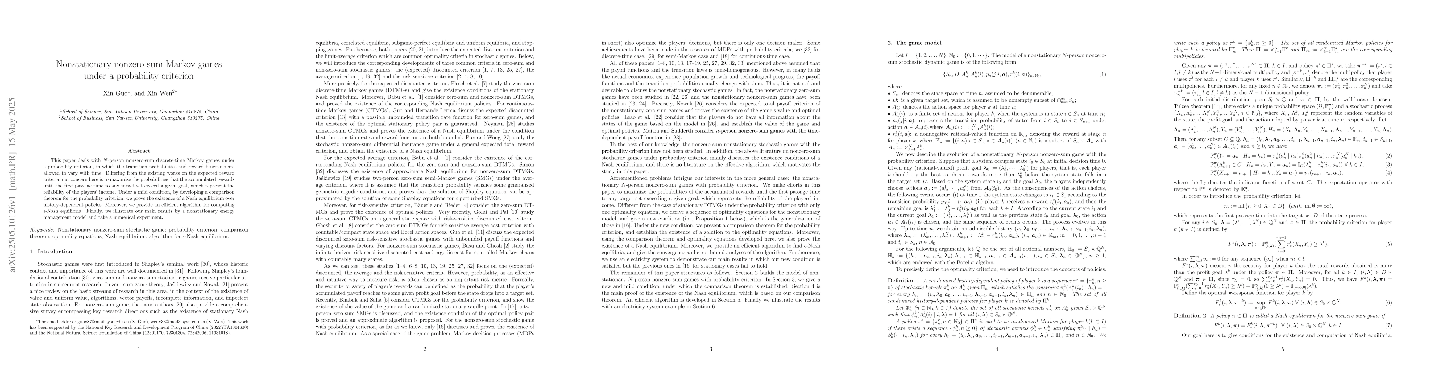 Thumbnail for Nonstationary nonzero-sum Markov games under a probability criterion