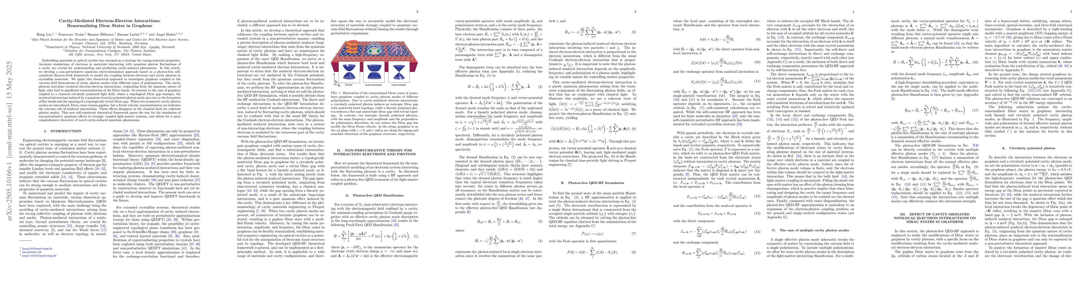 Thumbnail for Cavity-Mediated Electron-Electron Interactions: Renormalizing Dirac
  States in Graphene