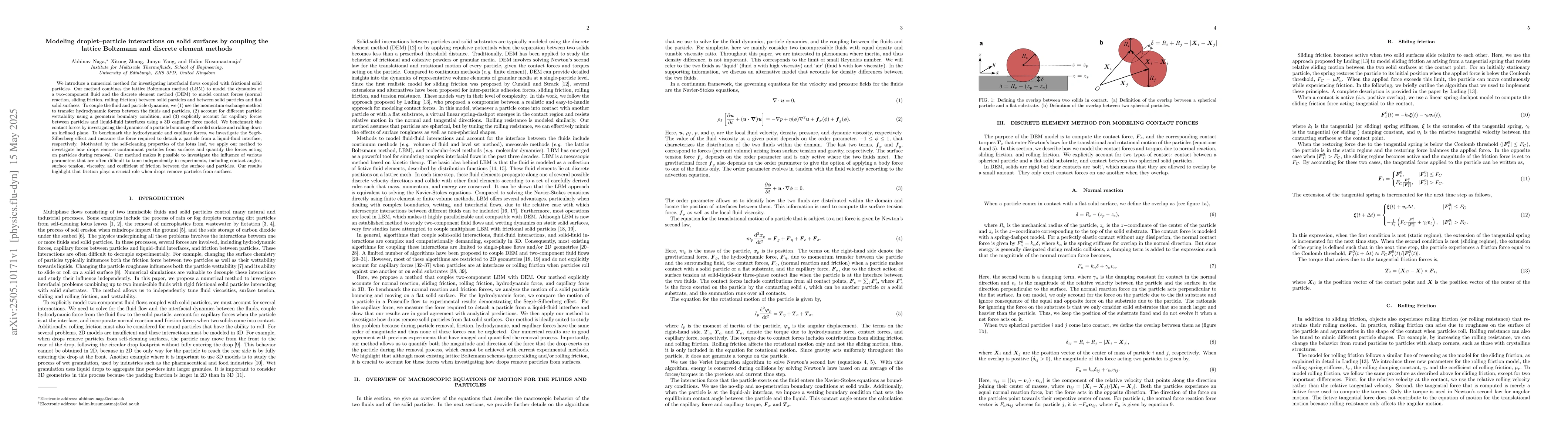 Thumbnail for Modeling droplet-particle interactions on solid surfaces by coupling the
  lattice Boltzmann and discrete element methods