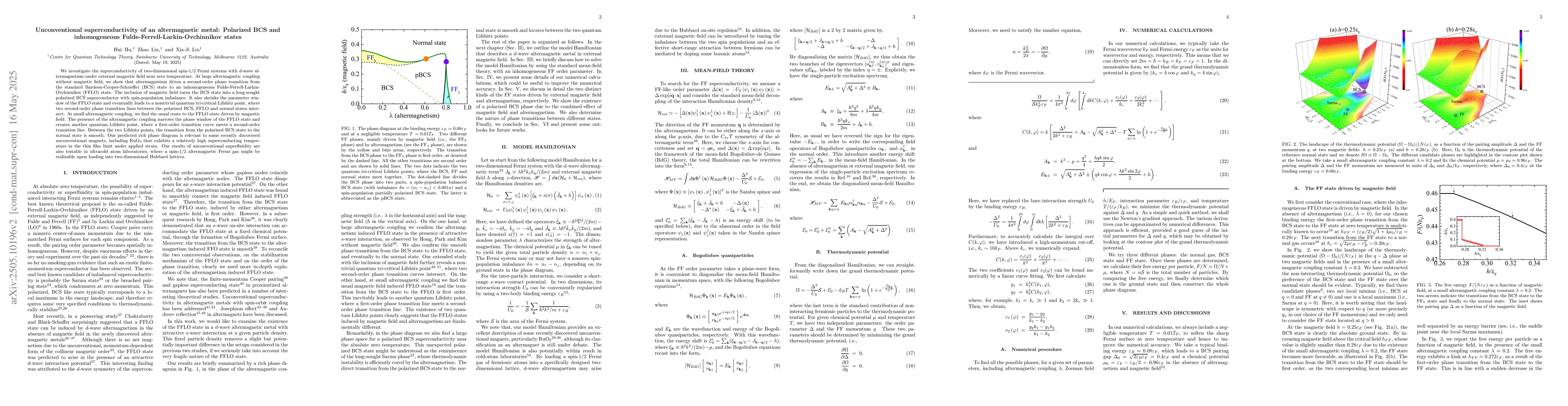 Thumbnail for Unconventional superconductivity of an altermagnetic metal: Polarized
  BCS and inhomogeneous Fulde-Ferrell-Larkin-Ovchinnikov states