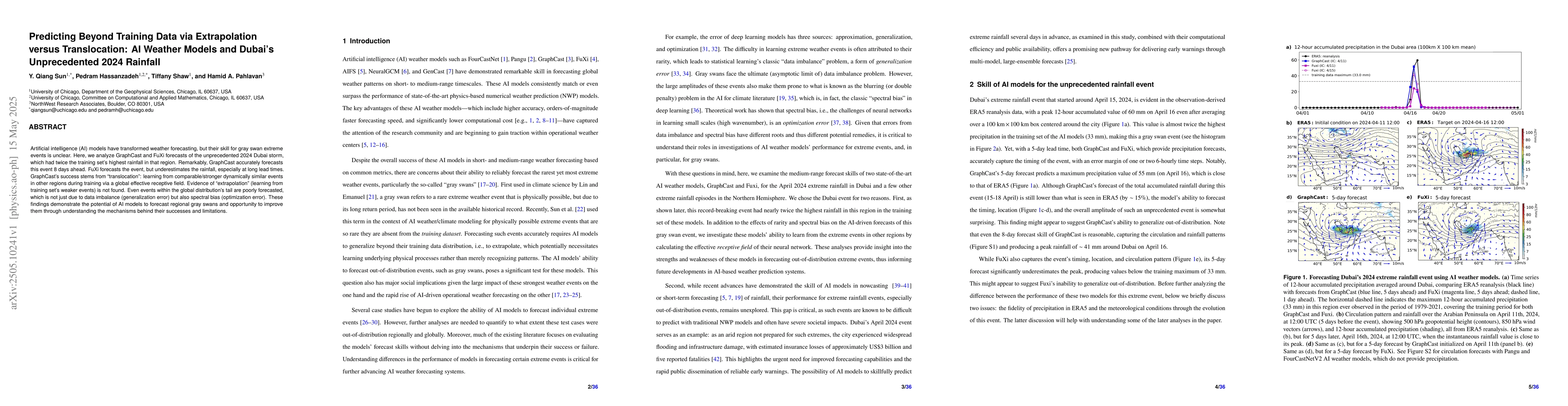 Thumbnail for Predicting Beyond Training Data via Extrapolation versus Translocation:
  AI Weather Models and Dubai's Unprecedented 2024 Rainfall