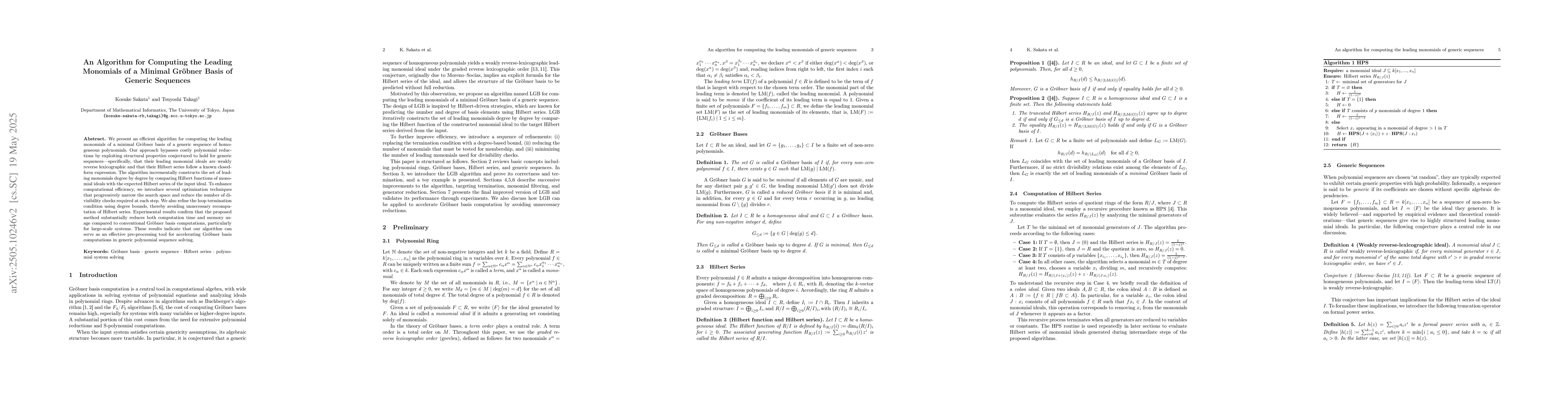 Thumbnail for An Algorithm for Computing the Leading Monomials of a Minimal Groebner
  Basis of Generic Sequences