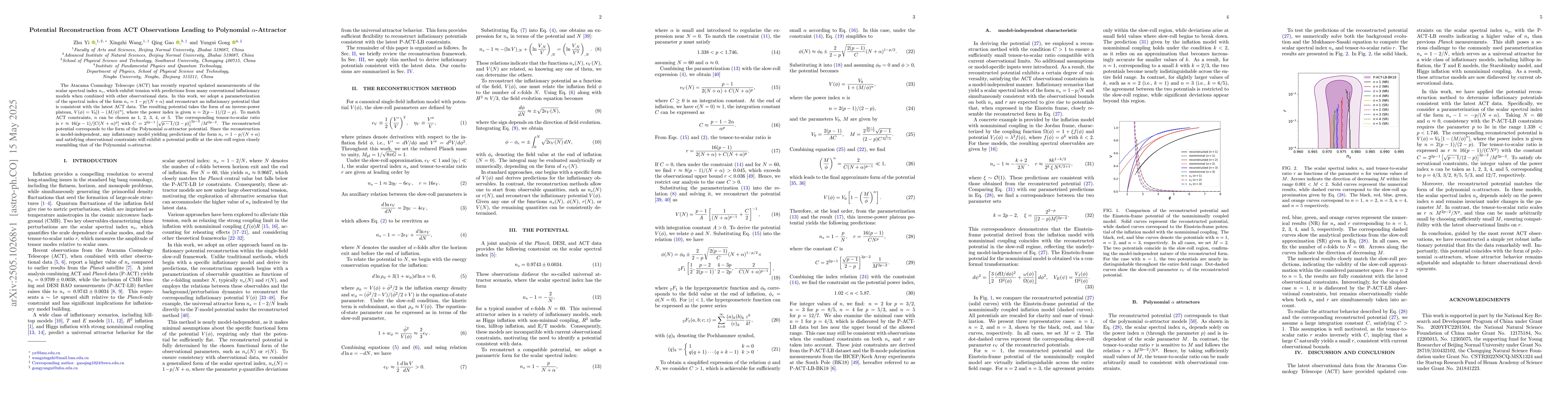 Thumbnail for Potential Reconstruction from ACT Observations Leading to Polynomial
  $α$-Attractor