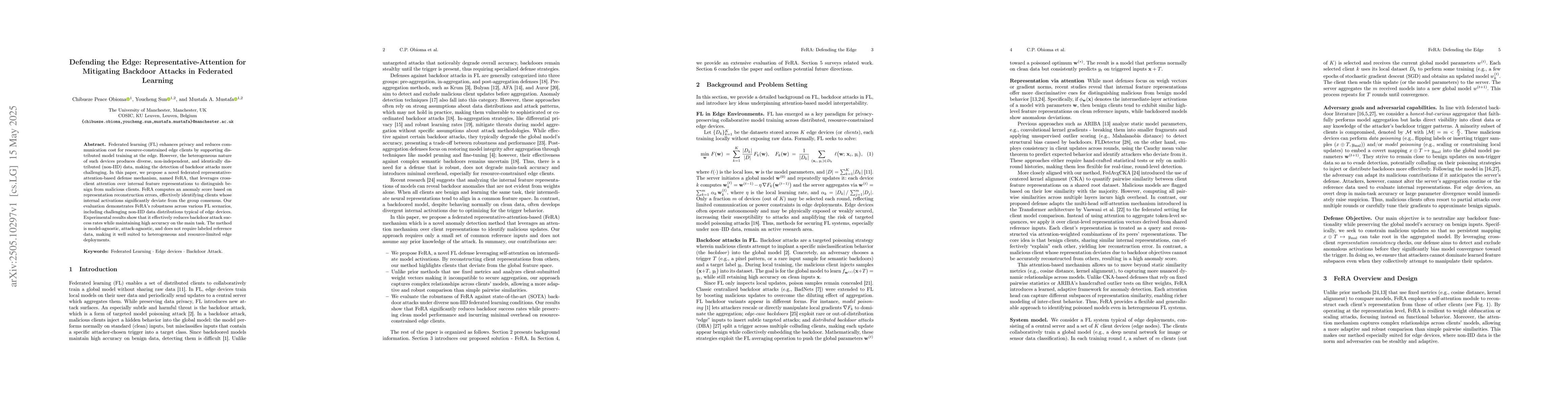 Thumbnail for Defending the Edge: Representative-Attention for Mitigating Backdoor
  Attacks in Federated Learning