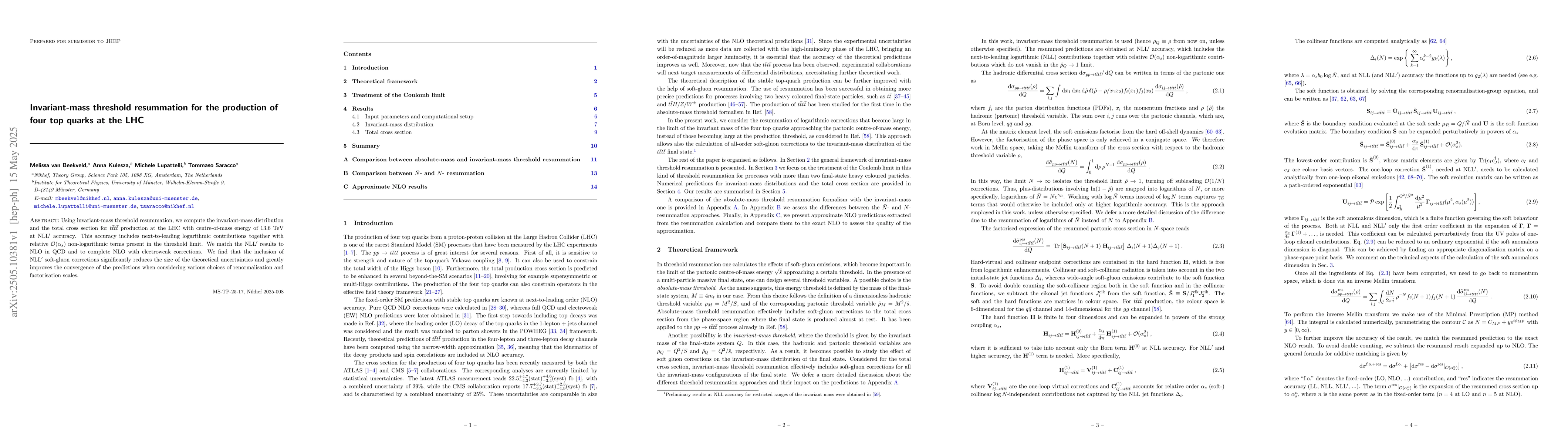 Thumbnail for Invariant-mass threshold resummation for the production of four top
  quarks at the LHC