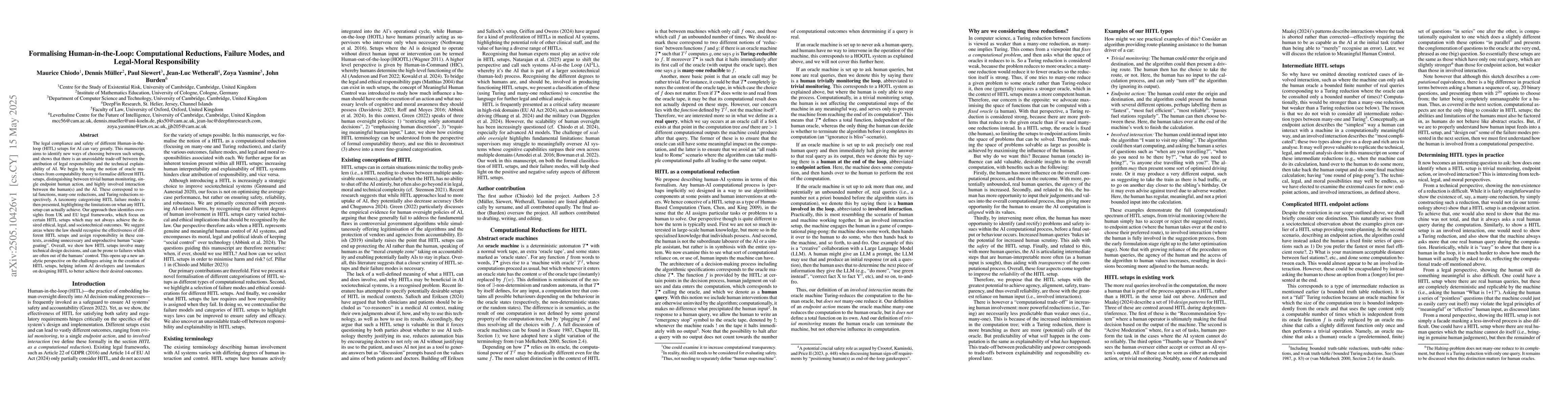 Thumbnail for Formalising Human-in-the-Loop: Computational Reductions, Failure Modes,
  and Legal-Moral Responsibility