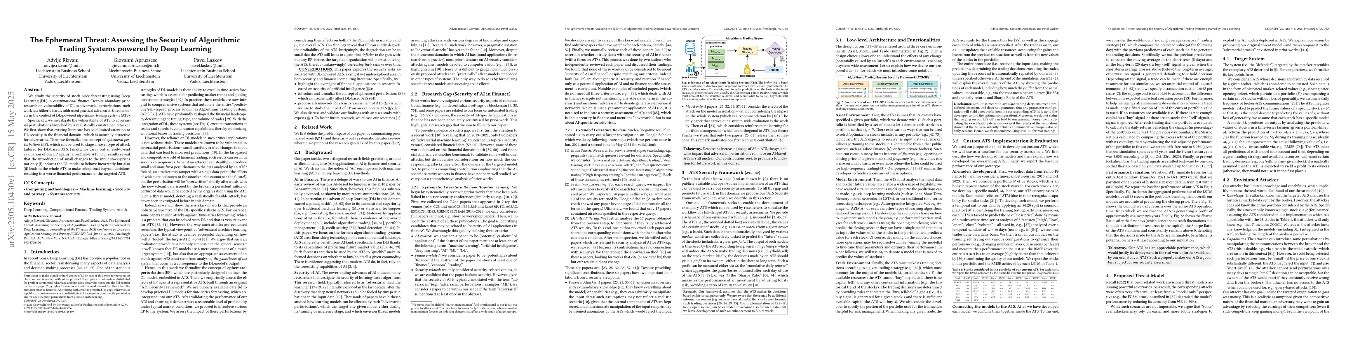 Thumbnail for The Ephemeral Threat: Assessing the Security of Algorithmic Trading
  Systems powered by Deep Learning