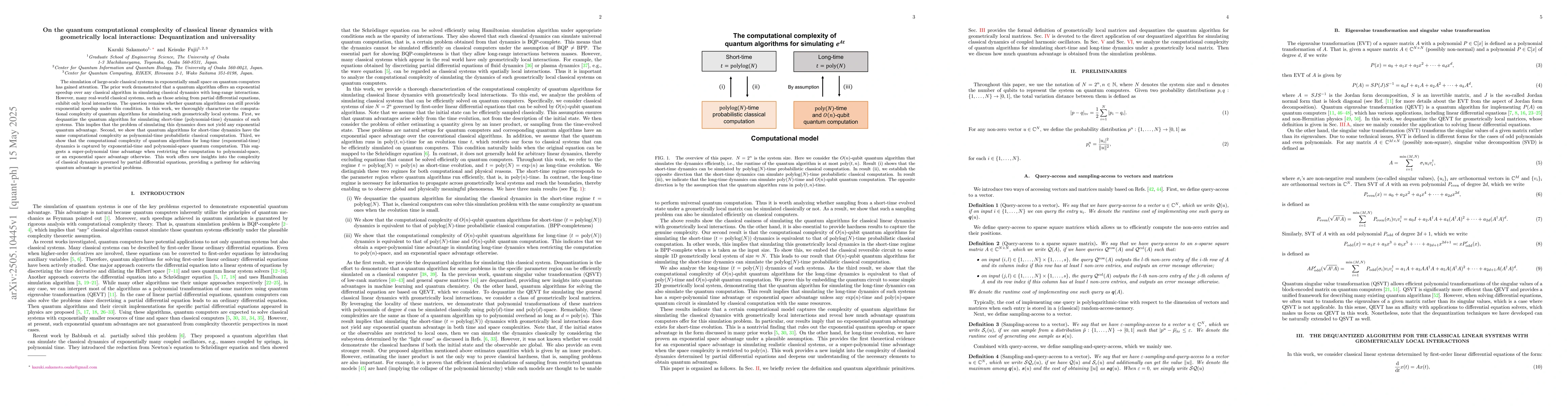 Thumbnail for On the quantum computational complexity of classical linear dynamics
  with geometrically local interactions: Dequantization and universality