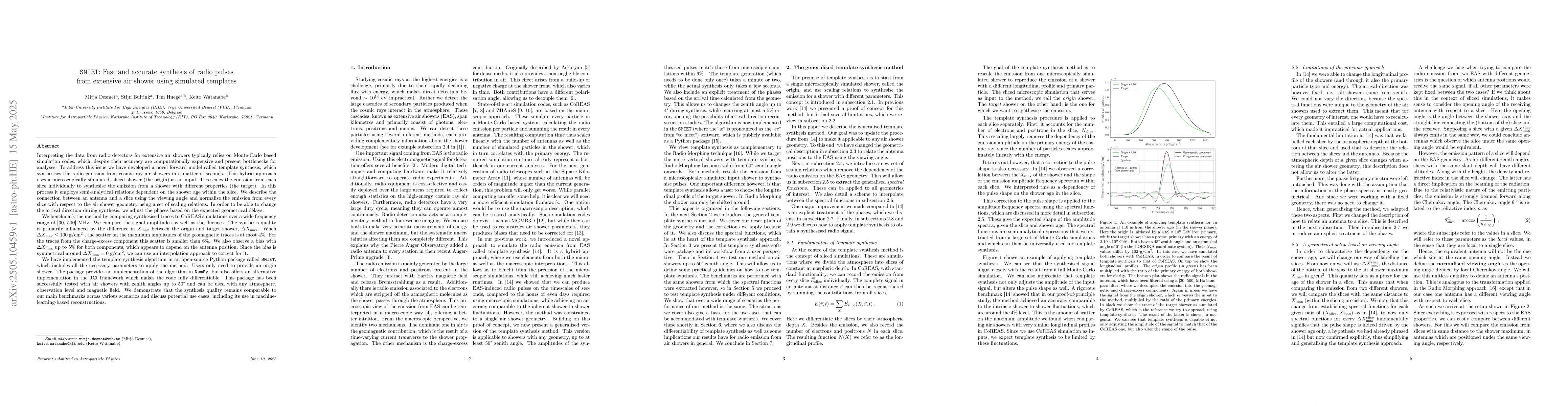Thumbnail for SMIET: Fast and accurate synthesis of radio pulses from extensive air
  shower using simulated templates