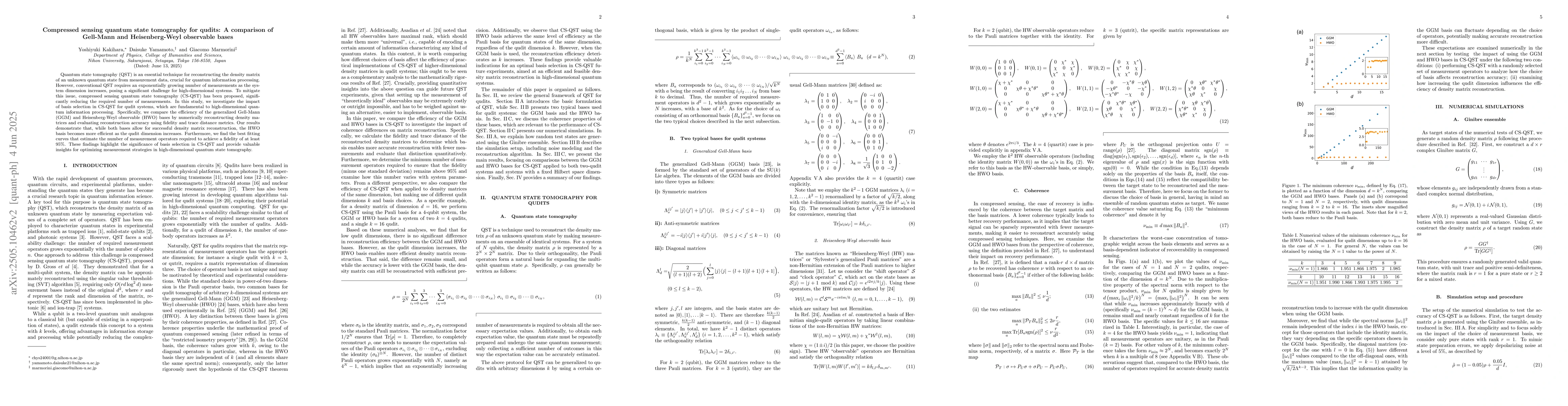 Thumbnail for Compressed sensing quantum state tomography for qudits: A comparison of
  Gell-Mann and Heisenberg-Weyl observable bases