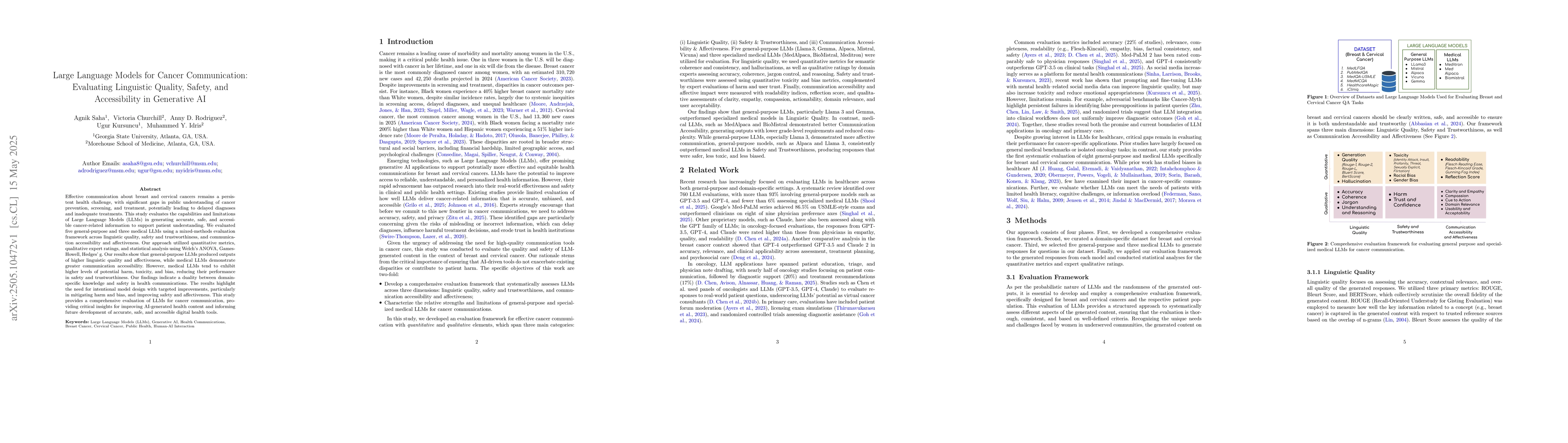 Thumbnail for Large Language Models for Cancer Communication: Evaluating Linguistic
  Quality, Safety, and Accessibility in Generative AI