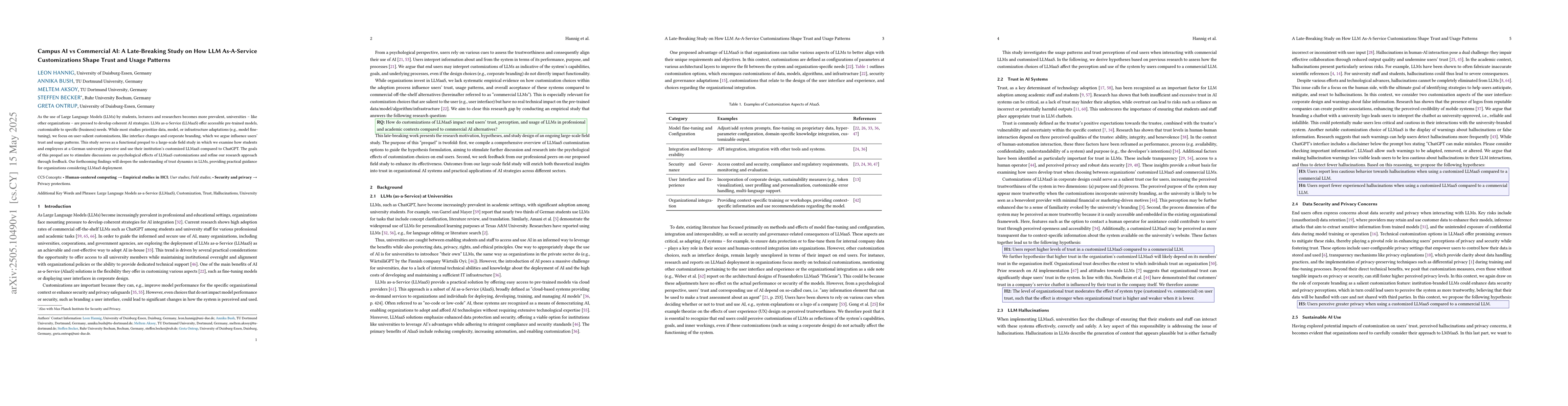 Thumbnail for Campus AI vs Commercial AI: A Late-Breaking Study on How LLM
  As-A-Service Customizations Shape Trust and Usage Patterns